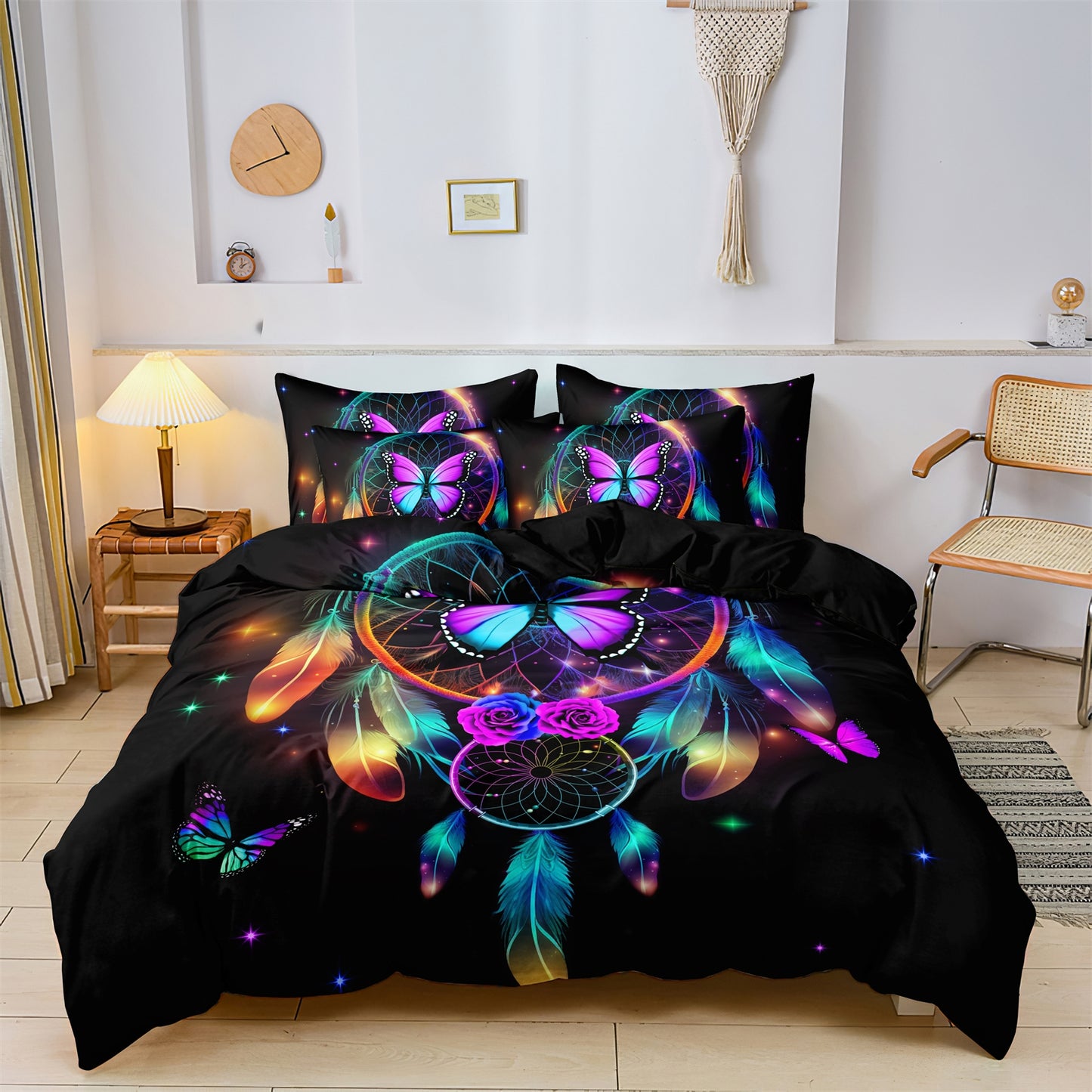 3Pcs Colorful Butterfly Dream Catcher Duvet Cover Set | Boho Black Bedding with Pillowcases
