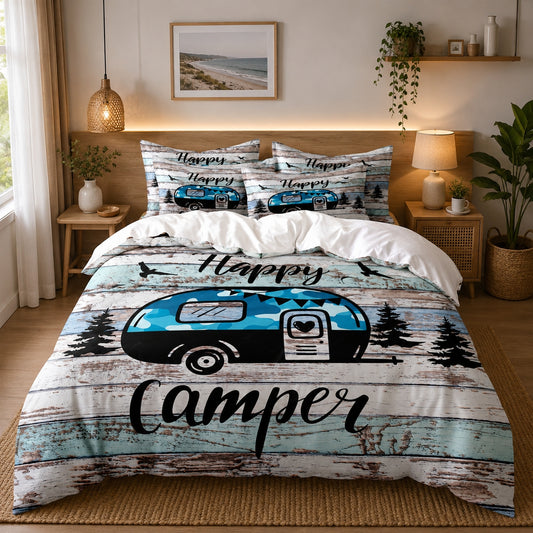 3Pcs Happy Camper Caravan Duvet Cover Set | Rustic RV Camping Bedding Set