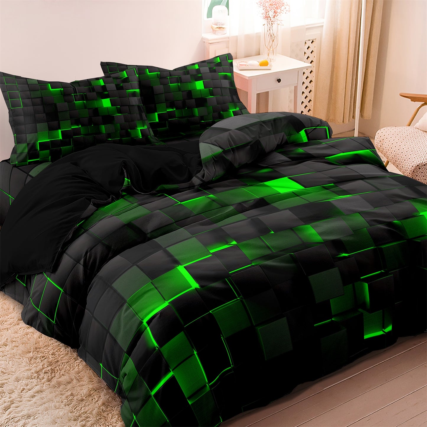 3Pcs Cyberpunk Geometric Bedding Set – Black Red Blue Modern Duvet Cover Set