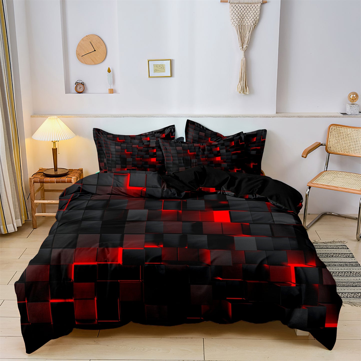 3Pcs Purple Geometric Duvet Cover Set – Black Abstract Grid Bedding Set Soft Microfiber Quilt Cover Set