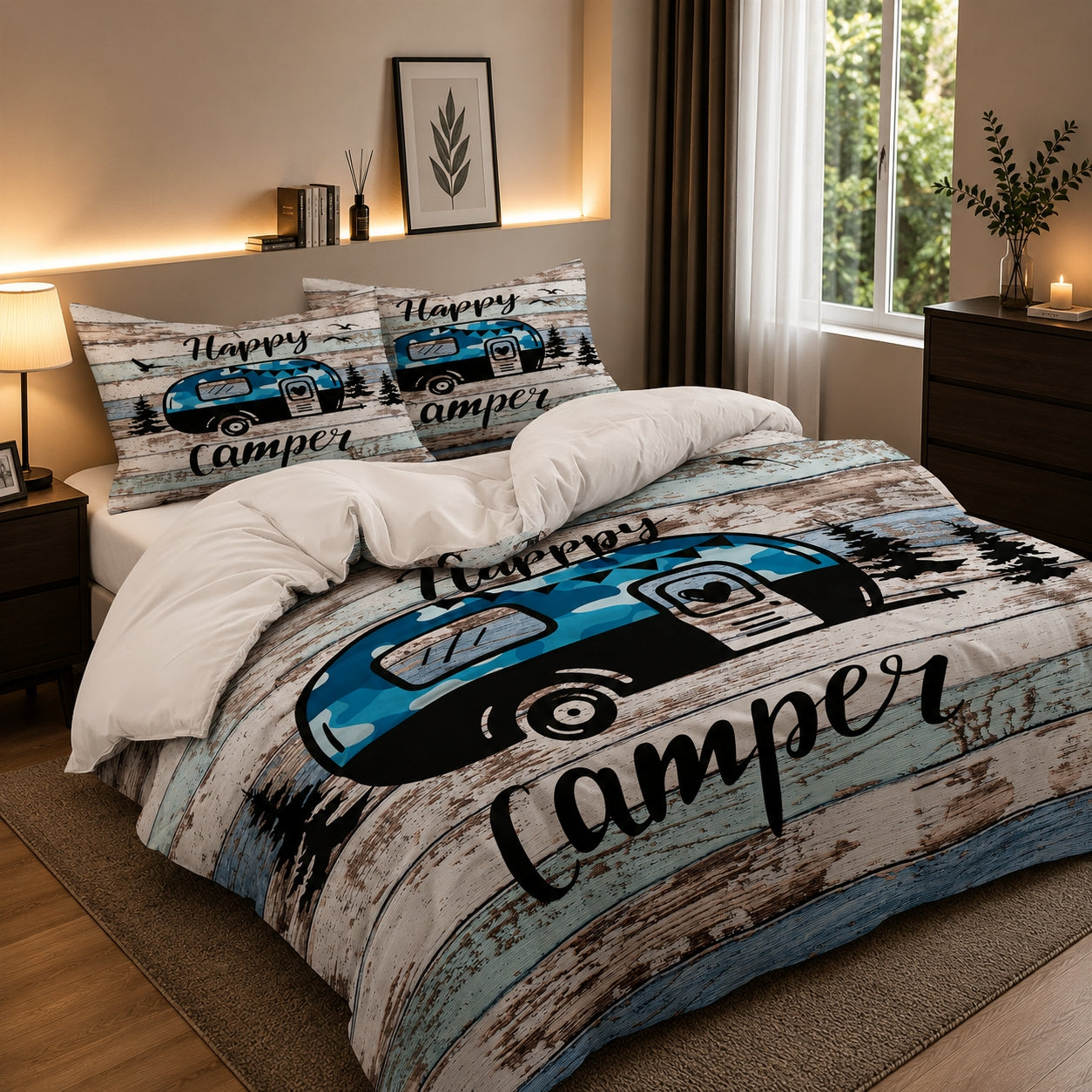 3Pcs Happy Camper Caravan Duvet Cover Set | Rustic RV Camping Bedding Set