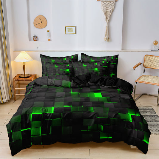 3Pcs Cyberpunk Geometric Bedding Set – Black Green Modern Duvet Cover Set