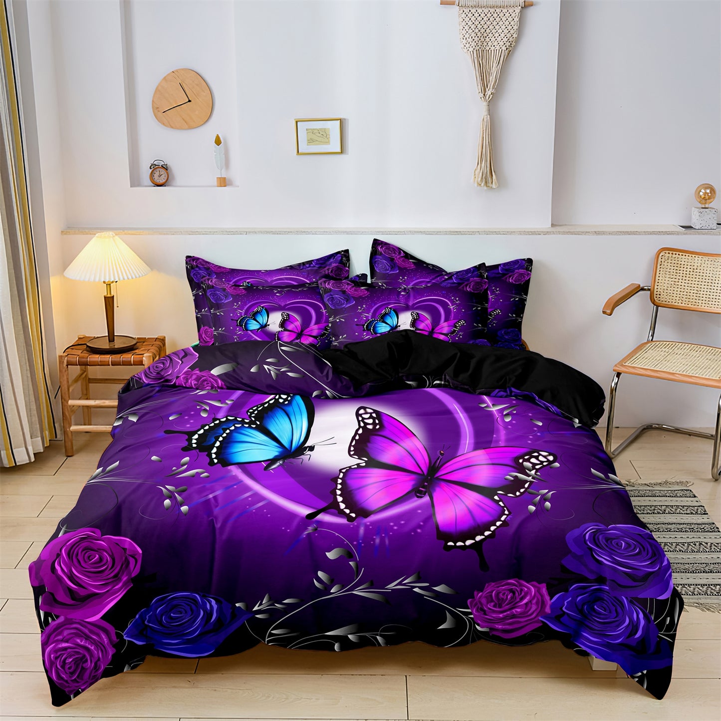 3Pcs Purple Butterfly & Rose 3D Printed Bedding Set – Floral Duvet Cover Set with Pillowcases