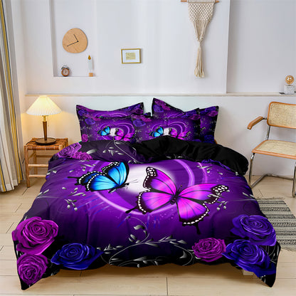 3Pcs Purple Butterfly & Rose 3D Printed Bedding Set – Floral Duvet Cover Set with Pillowcases