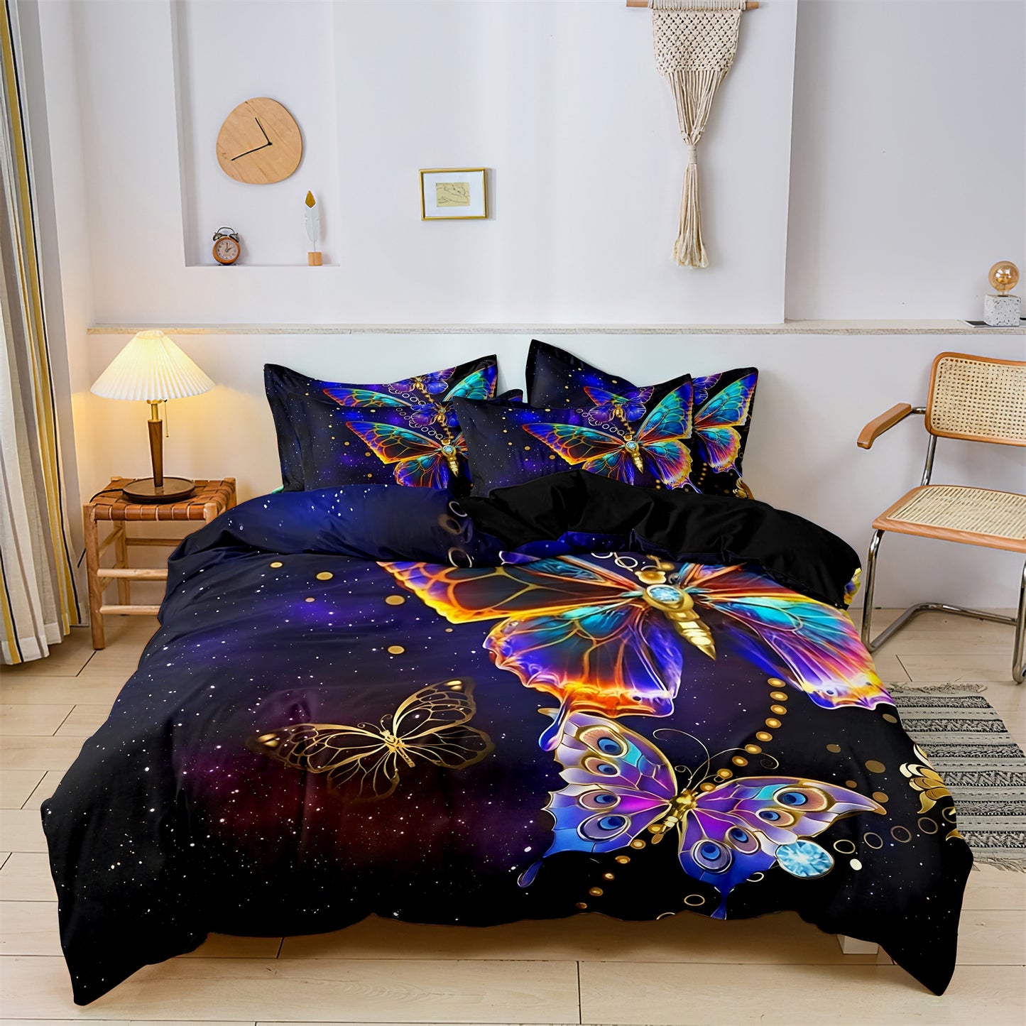 3Pcs Galaxy Butterfly Duvet Cover Set | Blue Purple Butterfly Bedding with Pillowcases