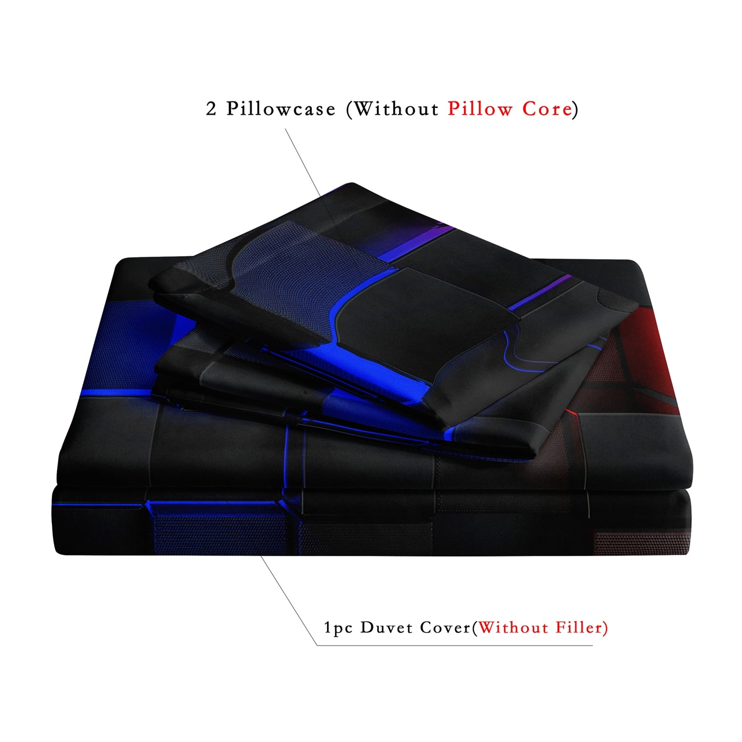 3Pcs Cyberpunk Geometric Bedding Set – Black Red Blue Modern Duvet Cover Set