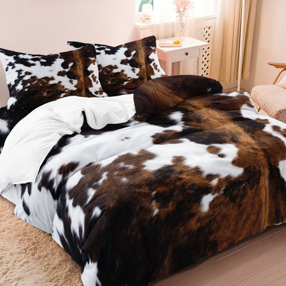 3Pcs Brown Cowhide Print Quilt Cover Set – Western Ranch Style Bedding with Pillowcases