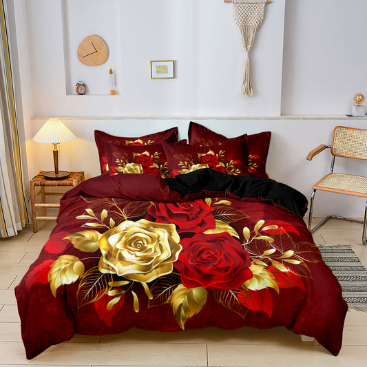 3PcsBurgundy Rose Floral Bedding Set – Red and Gold Rose Duvet Cover Set, Romantic Luxury Flower Quilt Cover