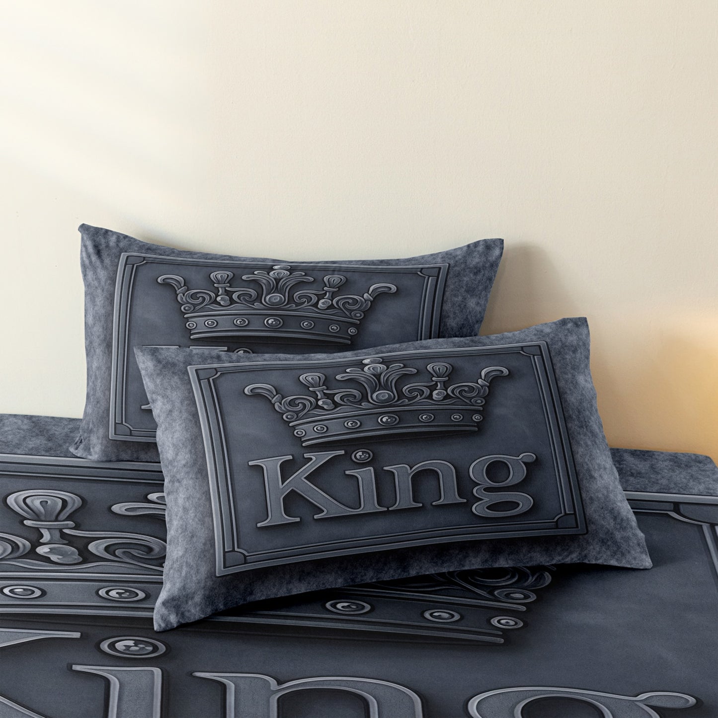 3Pcs King Crown Duvet Cover Set – Luxury Black Grey Bedding Set with Pillowcases
