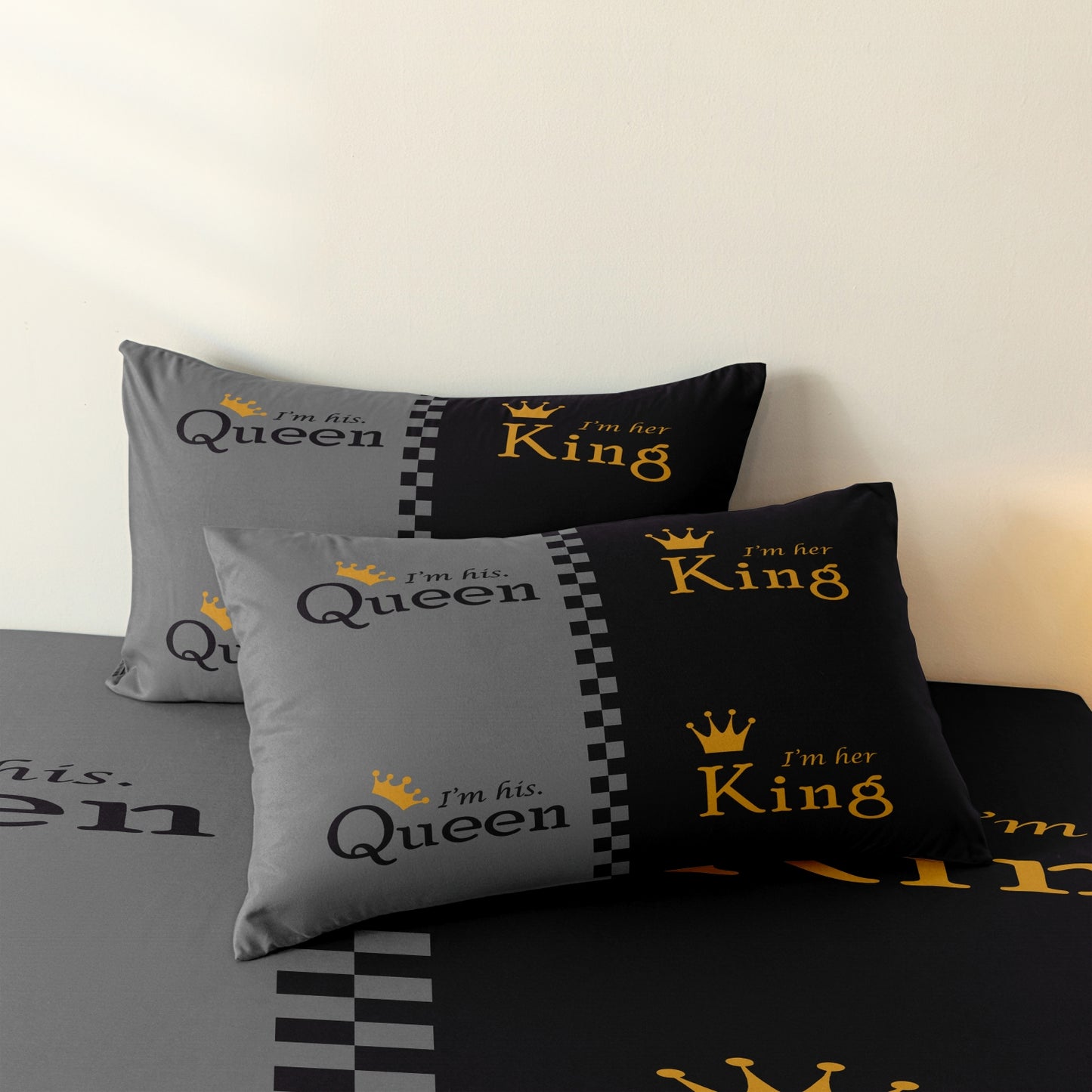 3Pcs King & Queen Couple Bedding Set – Luxury Grey Black Duvet Cover Set with Pillowcases