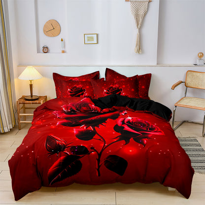 3Pcs Romantic Red Rose Bedding Set – Elegant Floral Duvet Cover Set, Luxury Rose Print Quilt Cover