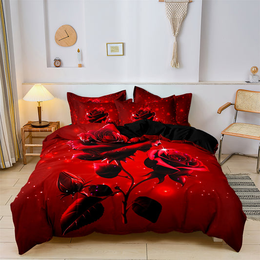 3Pcs Romantic Red Rose Bedding Set – Elegant Floral Duvet Cover Set, Luxury Rose Print Quilt Cover