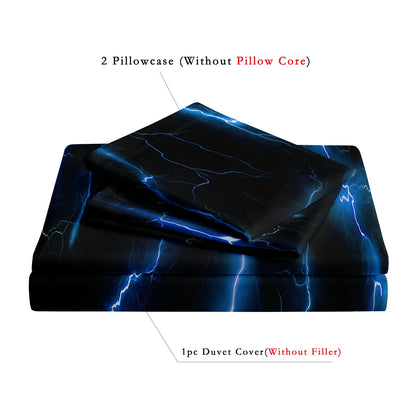 3Pcs Blue Lightning Quilt Cover Set – 3D Electric Storm Bedding with Pillowcases