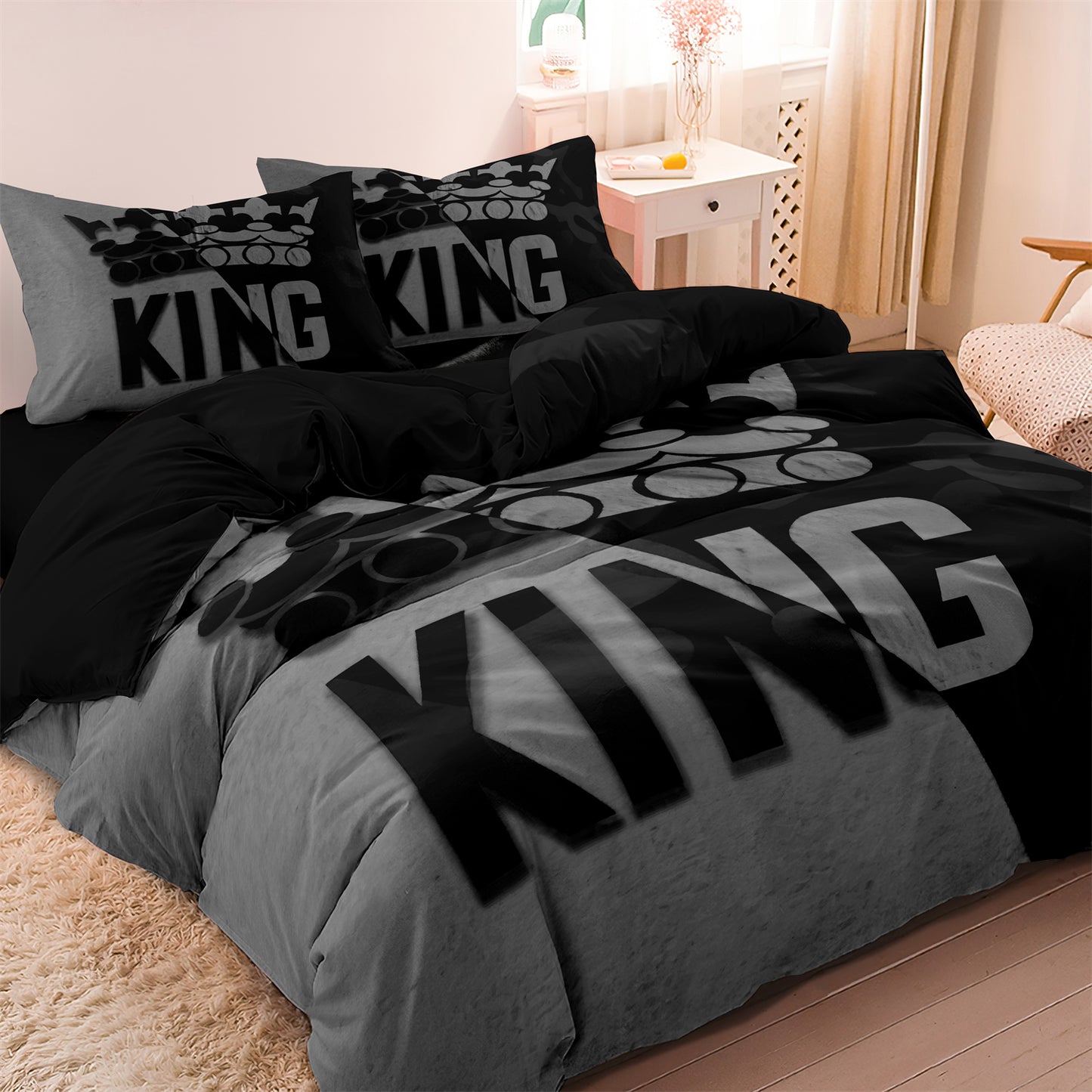 3Pcs Luxury King Crown Bedding Set – Black Grey 3D Duvet Cover Set with Pillowcases Modern Bedroom Decor