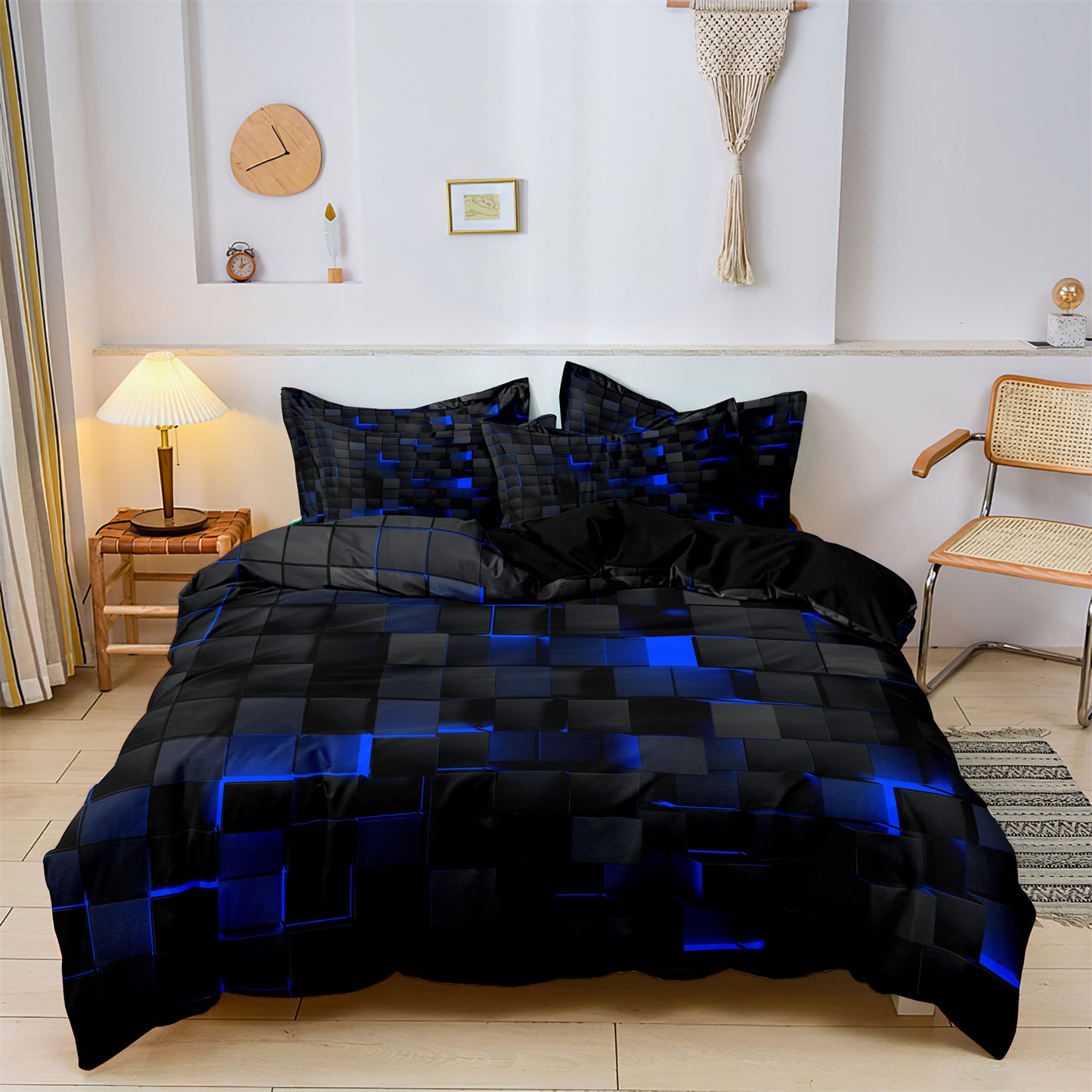 3Pcs Purple Geometric Duvet Cover Set – Black Abstract Grid Bedding Set Soft Microfiber Quilt Cover Set
