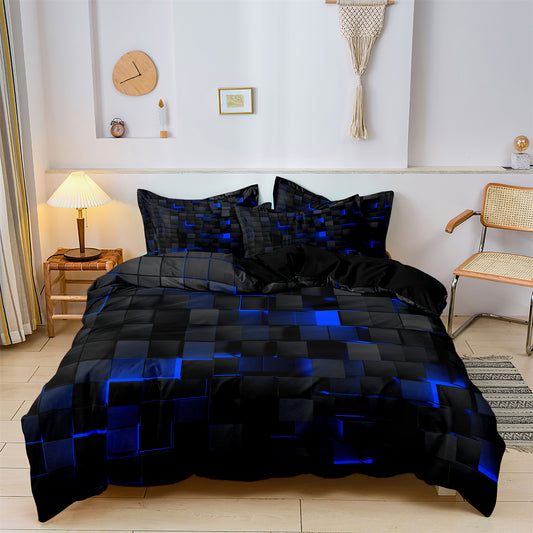 3Pcs Cyberpunk Geometric Bedding Set – Black Blue Modern Duvet Cover Set with Pillowcases