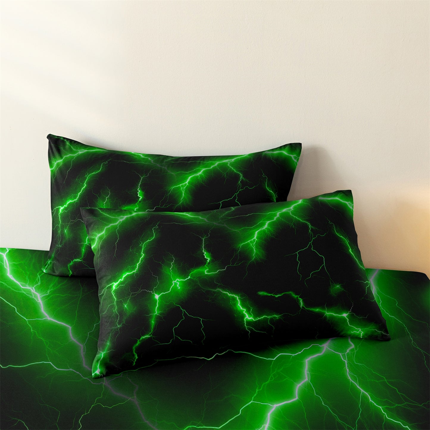 3Pcs Green Lightning Quilt Cover Set – 3D Electric Storm Bedding with Pillowcases