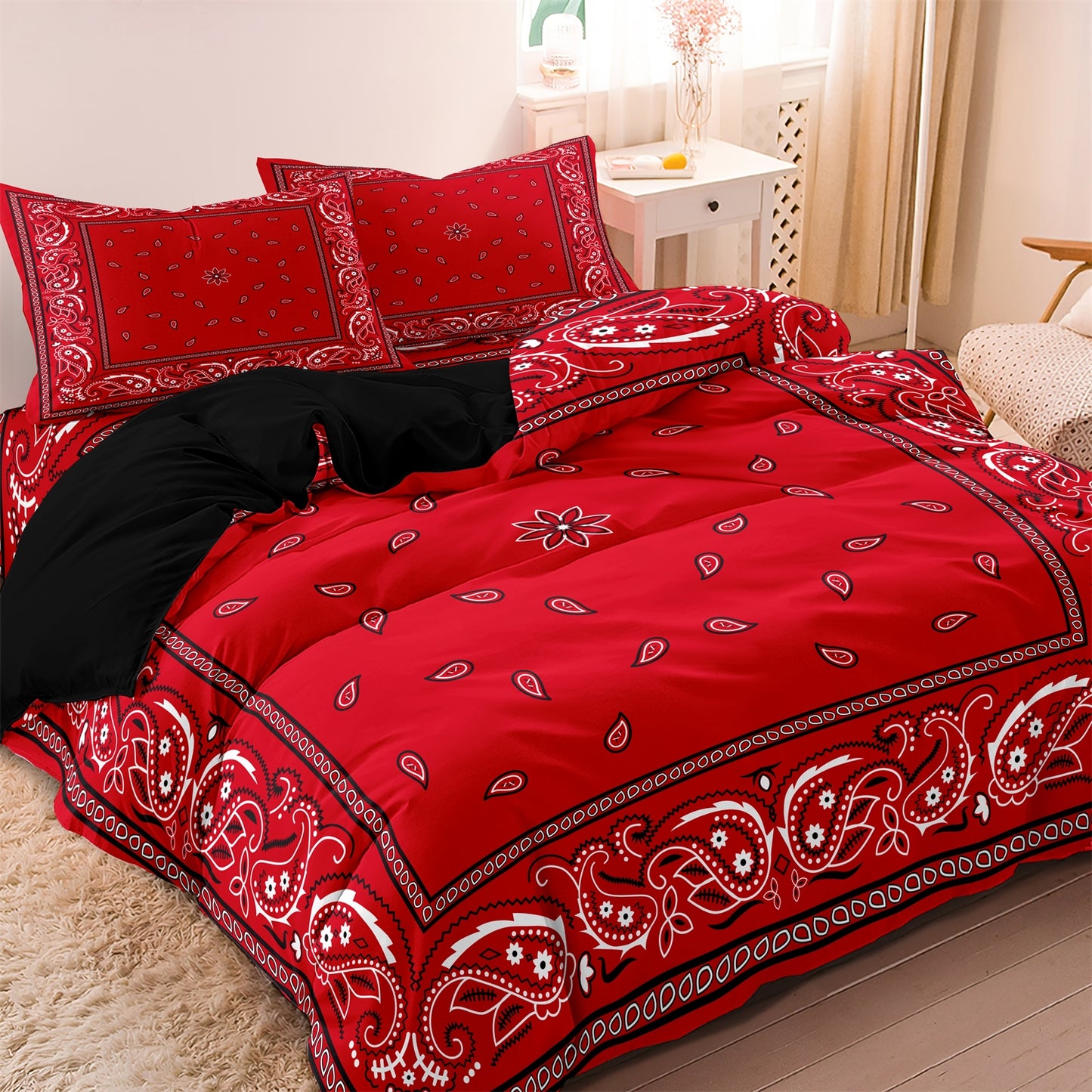 3Pcs Black Paisley Bandana Duvet Cover Set | Western Street Style Bedding