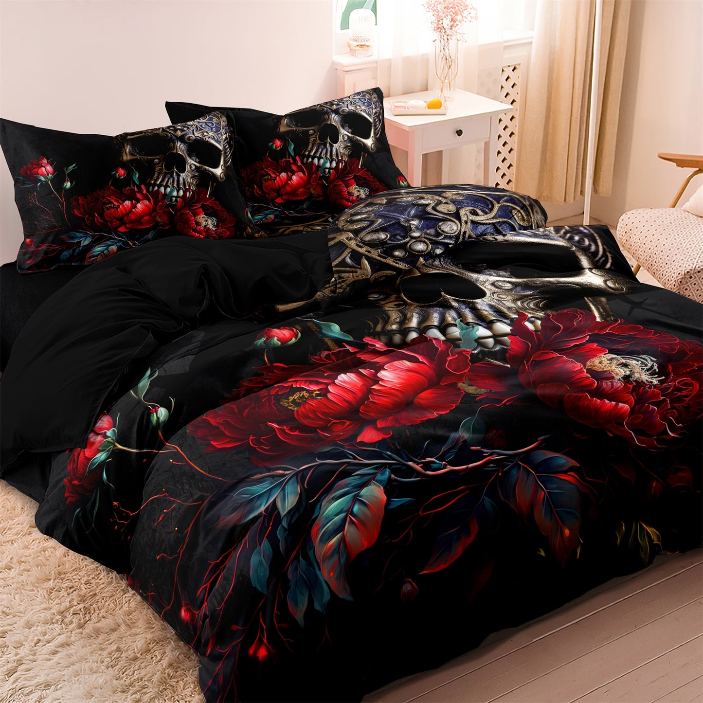 3Pcs Gothic Skull Rose Quilt Cover Set – Dark Floral Bedding with Pillowcases