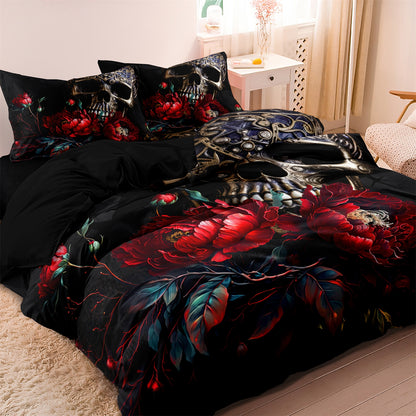 3Pcs Gothic Skull Rose Quilt Cover Set – Dark Floral Bedding with Pillowcases