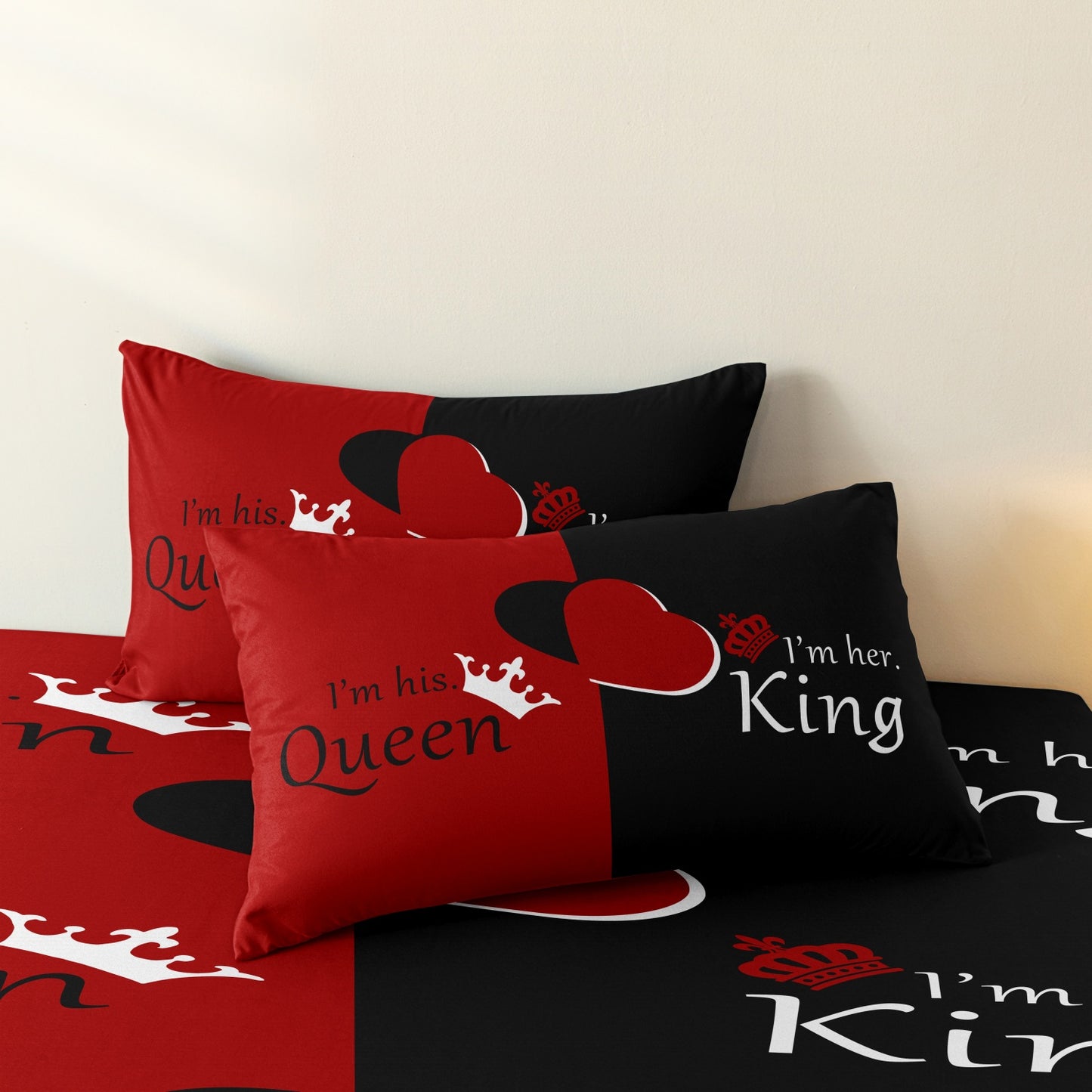 3Pcs King & Queen Couple Bedding Set – Red Black Romantic Duvet Cover Set with Pillowcases