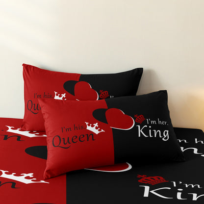 3Pcs King & Queen Couple Bedding Set – Red Black Romantic Duvet Cover Set with Pillowcases