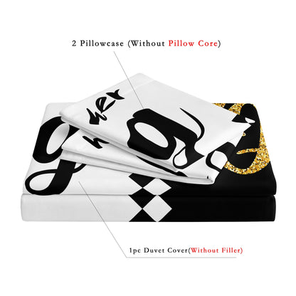 3Pcs King & Queen Luxury Bedding Set – Black Gold Couple Duvet Cover Set with Pillowcases