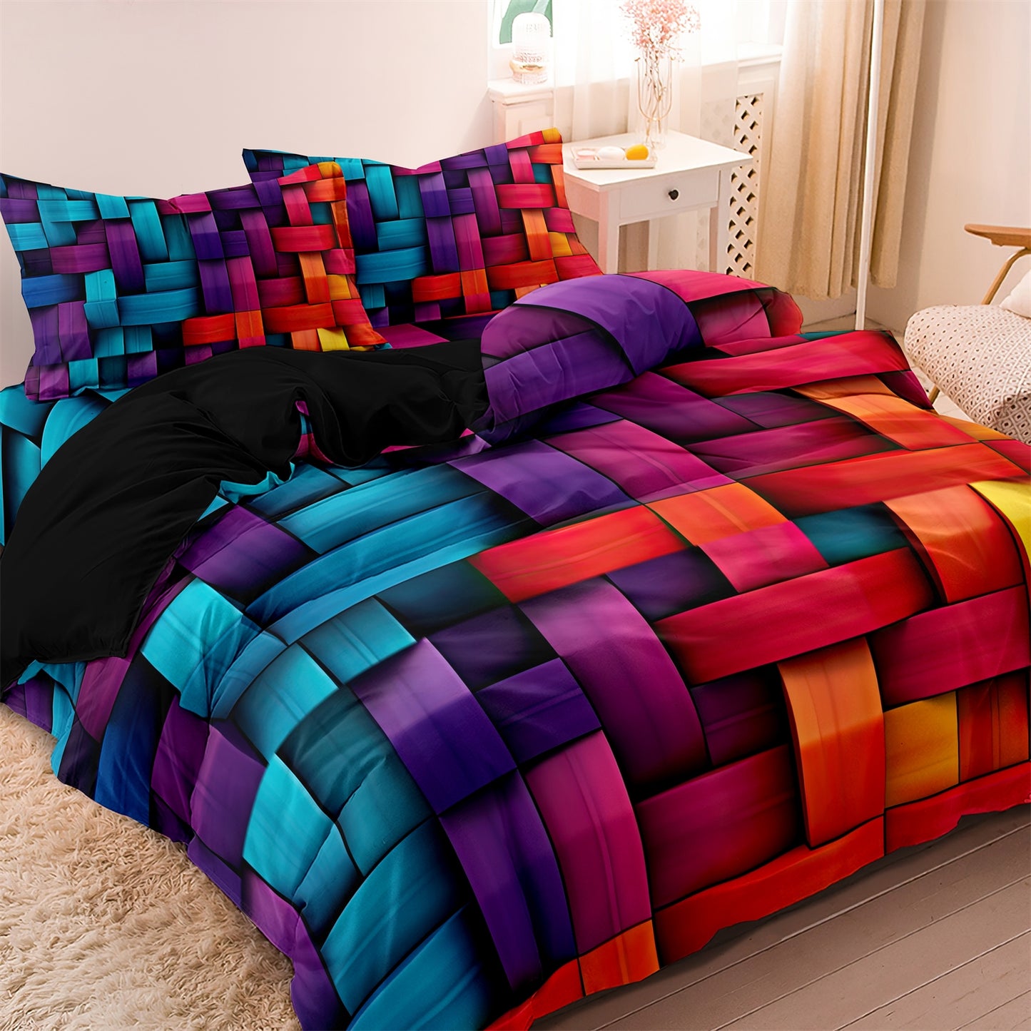 3Pcs Cyberpunk Geometric Bedding Set – Black Red Modern Duvet Cover Set with Pillowcases