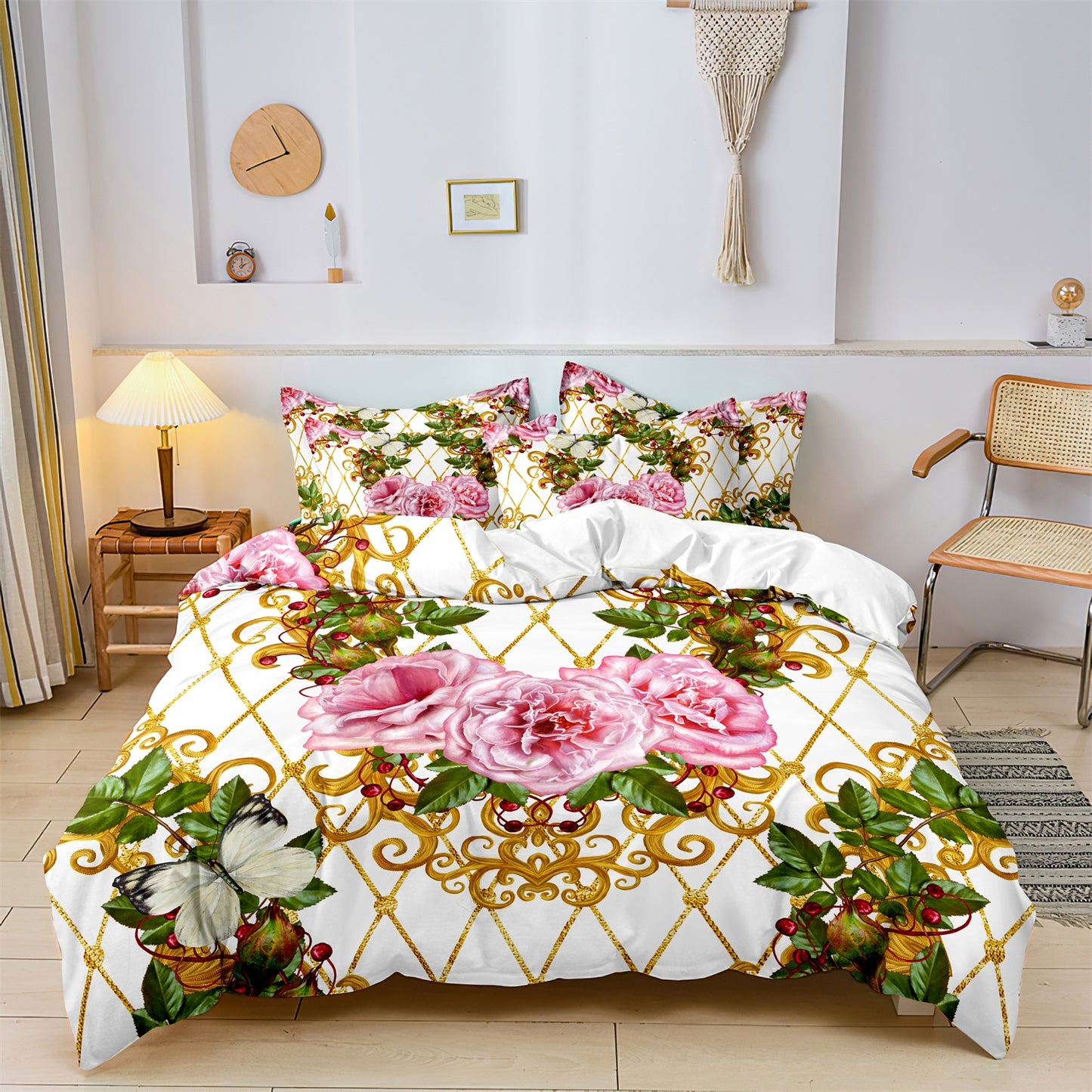 3Pcs Luxury Pink Rose Quilt Cover Set – Elegant Floral Baroque Bedding with Pillowcases
