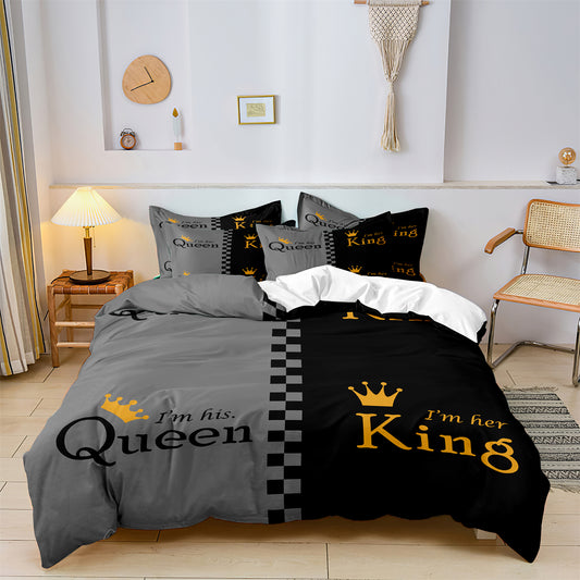 3Pcs King & Queen Couple Bedding Set – Luxury Grey Black Duvet Cover Set with Pillowcases