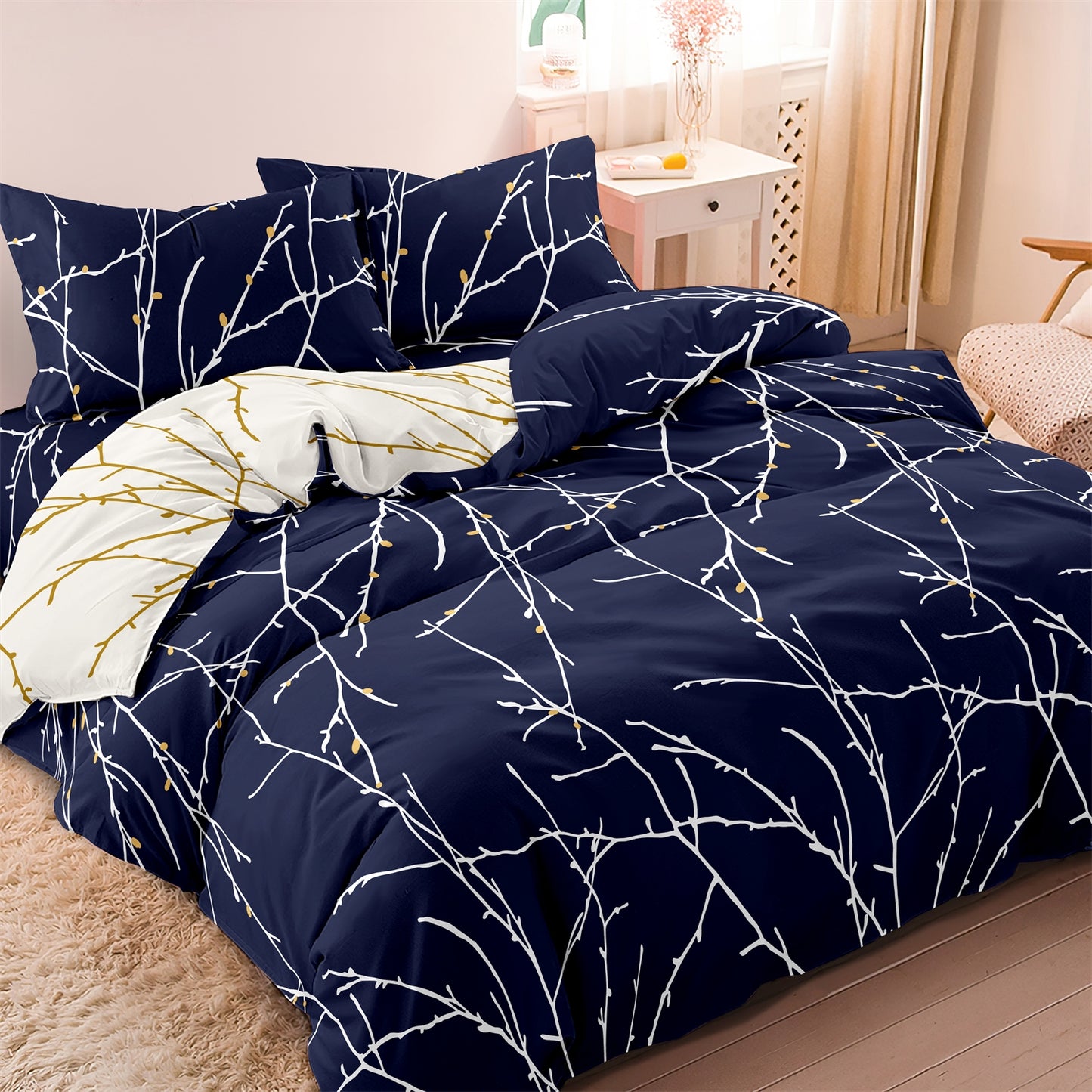 3Pcs Navy Blue Branch Duvet Cover Set | Modern Botanical Bedding with Pillowcases
