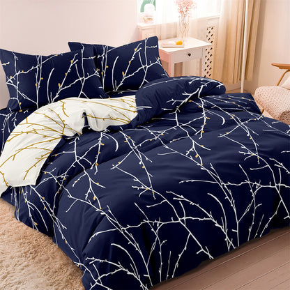 3Pcs Navy Blue Branch Duvet Cover Set | Modern Botanical Bedding with Pillowcases