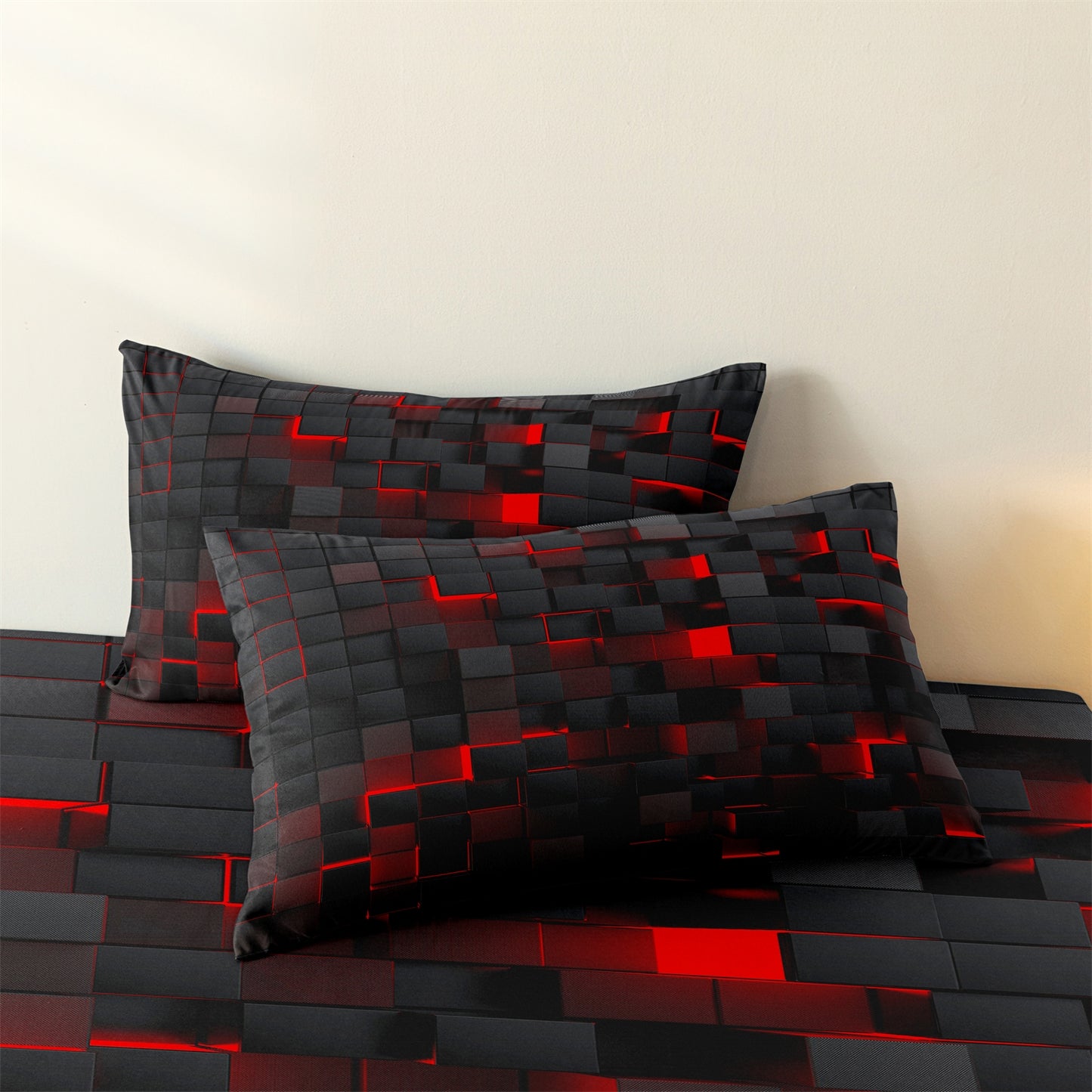 3Pcs Cyberpunk Geometric Bedding Set – Black Red Modern Duvet Cover Set with Pillowcases