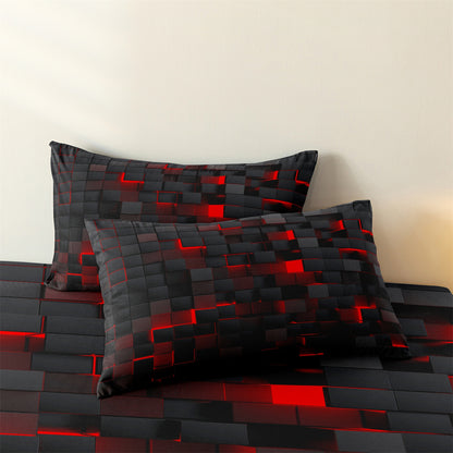 3Pcs Cyberpunk Geometric Bedding Set – Black Red Modern Duvet Cover Set with Pillowcases