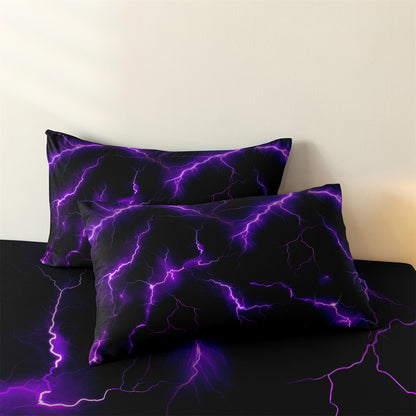 3Pcs Purple Lightning Quilt Cover Set – 3D Electric Storm Bedding with Pillowcases