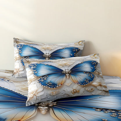 3Pcs Luxury Blue Butterfly Floral Duvet Cover Set – 3D Printed Soft Bedding Set with Pillowcases
