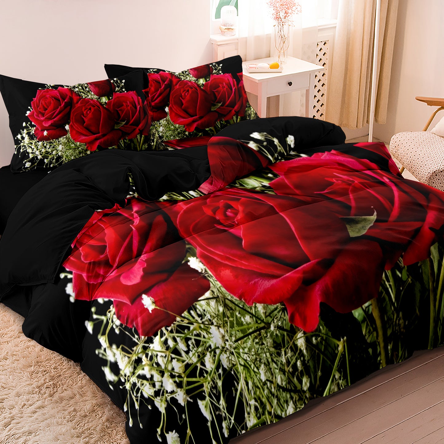 3PcsRed Rose Bouquet Bedding Set – Romantic Floral Duvet Cover Set, Black Background Rose Print Quilt Cover