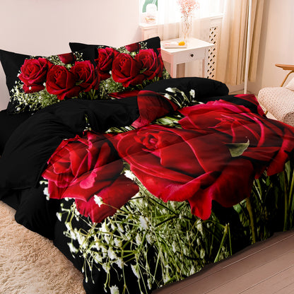 3PcsRed Rose Bouquet Bedding Set – Romantic Floral Duvet Cover Set, Black Background Rose Print Quilt Cover