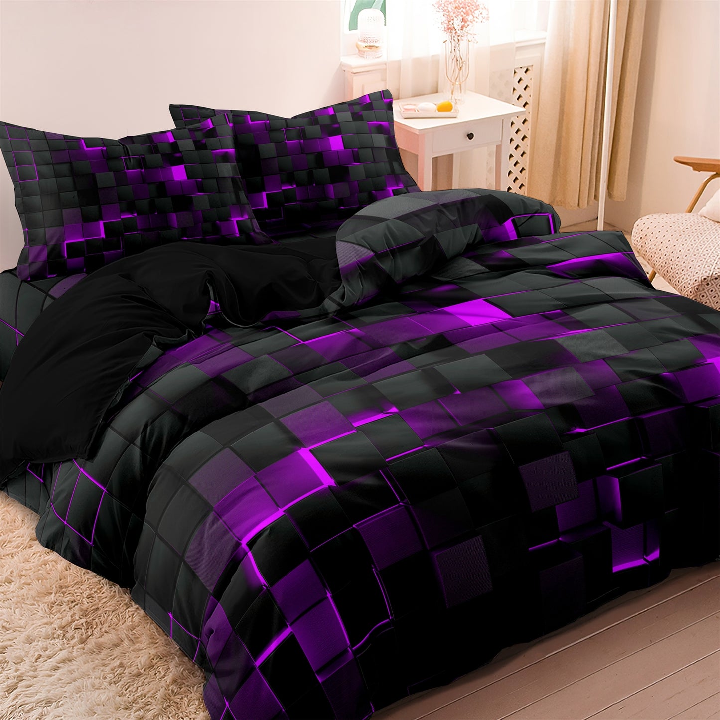 3Pcs Cyberpunk Geometric Bedding Set – Black Red Blue Modern Duvet Cover Set