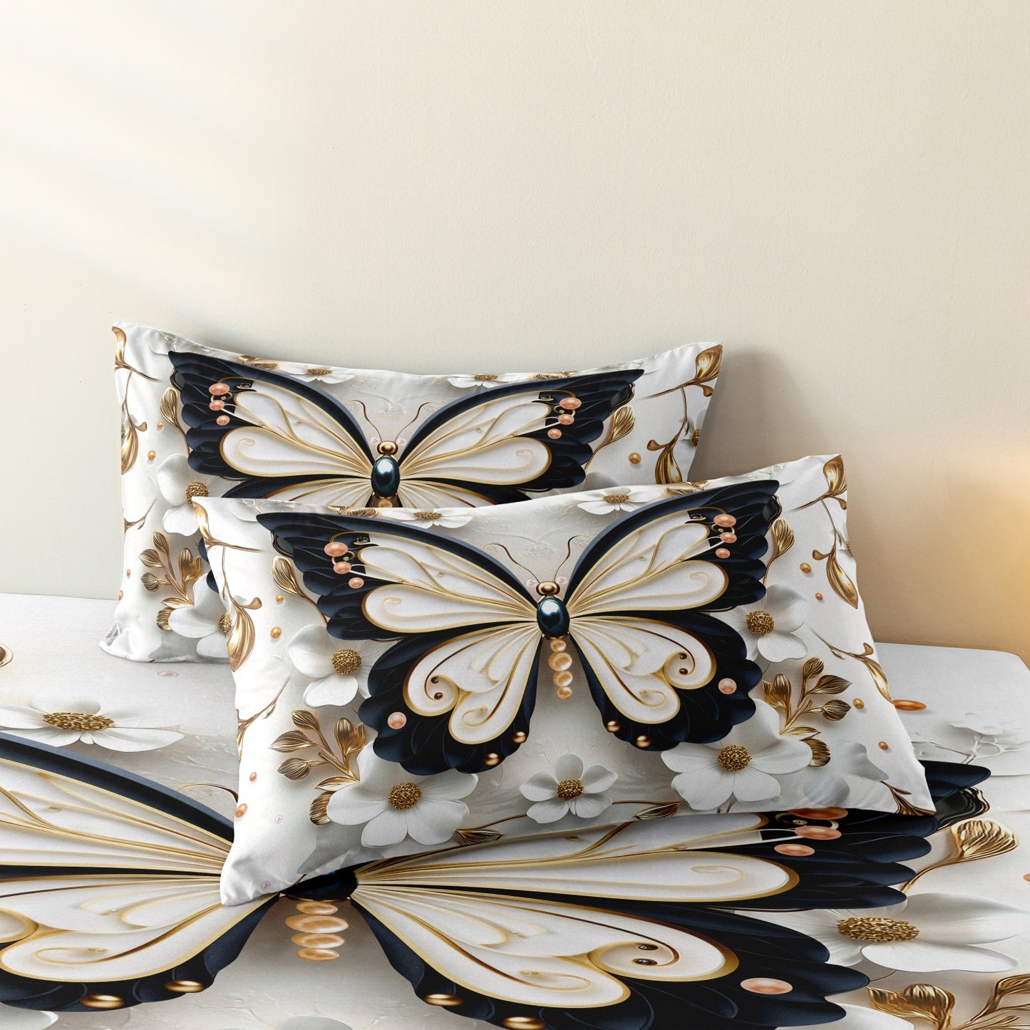 3Pcs Elegant Butterfly & White Floral Duvet Cover Set | Luxury Microfiber Bedding