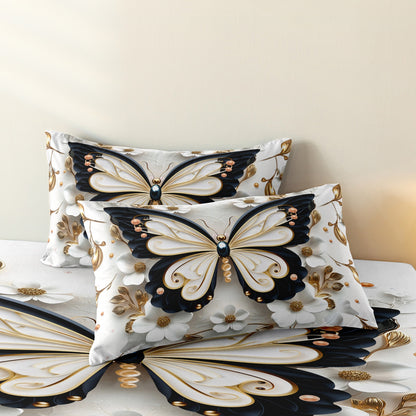 3Pcs Elegant Butterfly & White Floral Duvet Cover Set | Luxury Microfiber Bedding