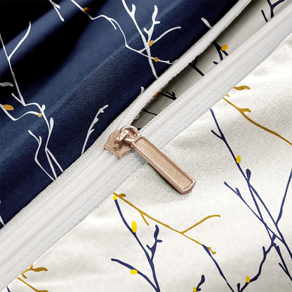 3Pcs Navy Blue Branch Duvet Cover Set | Modern Botanical Bedding with Pillowcases