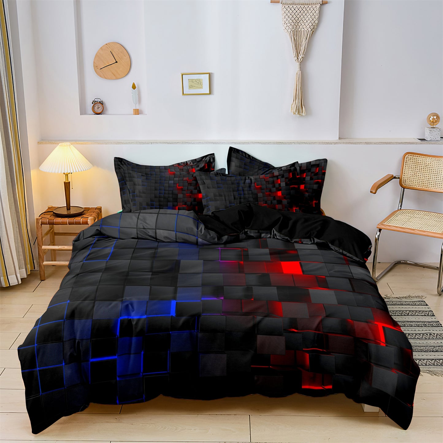 3Pcs Purple Geometric Duvet Cover Set – Black Abstract Grid Bedding Set Soft Microfiber Quilt Cover Set