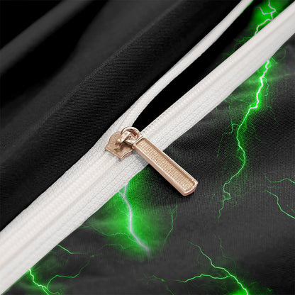 3Pcs Green Lightning Quilt Cover Set – 3D Electric Storm Bedding with Pillowcases