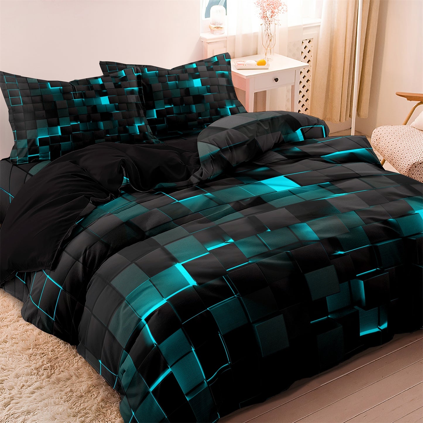 3Pcs Cyberpunk Geometric Bedding Set – Black Red Modern Duvet Cover Set with Pillowcases