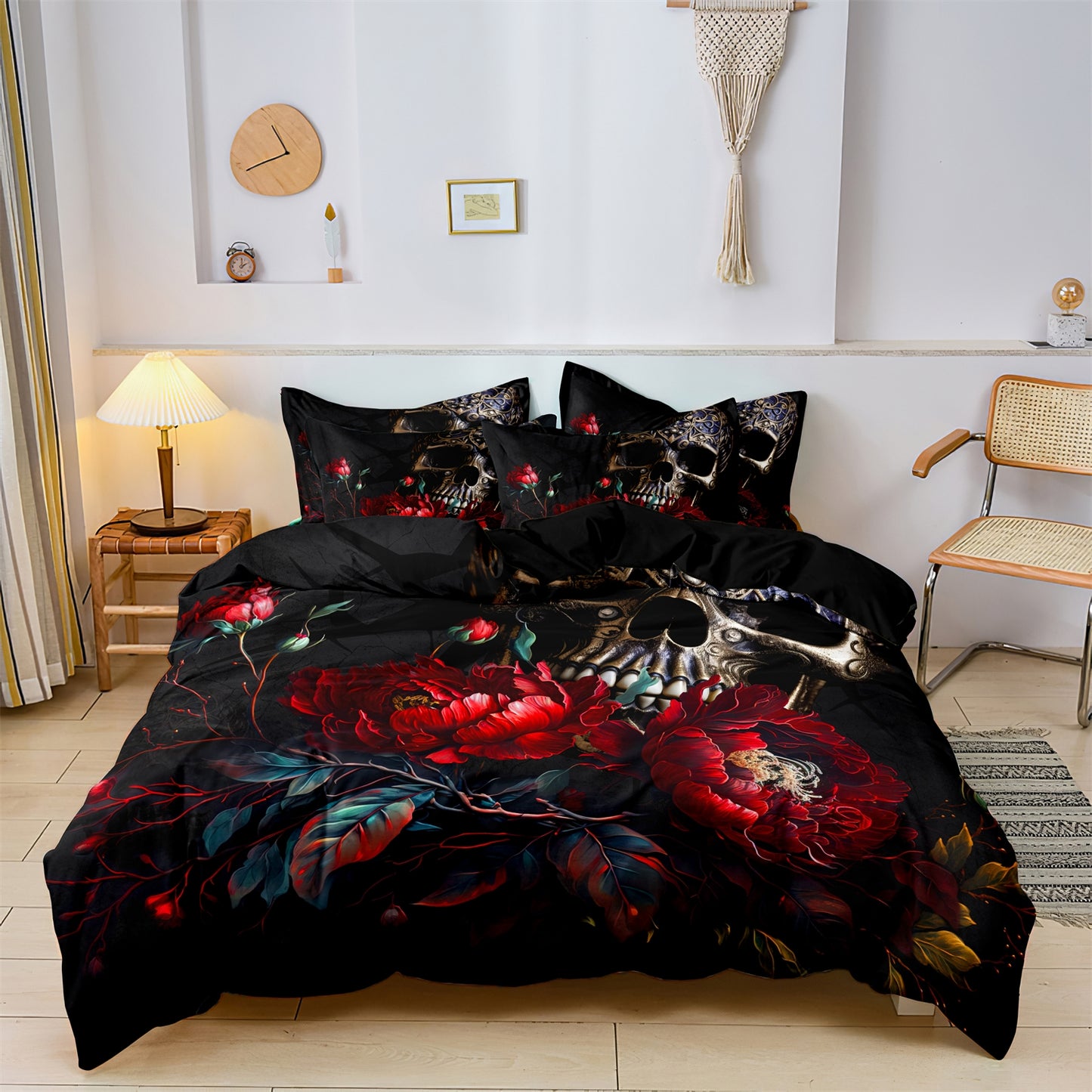3Pcs Gothic Skull Rose Quilt Cover Set – Dark Floral Bedding with Pillowcases