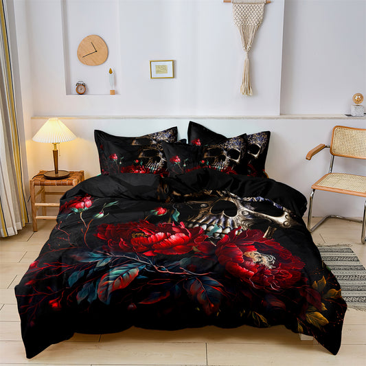3Pcs Gothic Skull Rose Quilt Cover Set – Dark Floral Bedding with Pillowcases
