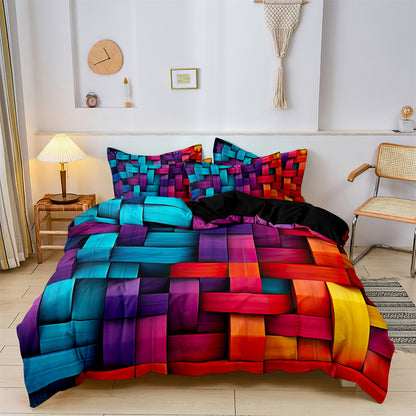 3Pcs Purple Geometric Duvet Cover Set – Black Abstract Grid Bedding Set Soft Microfiber Quilt Cover Set