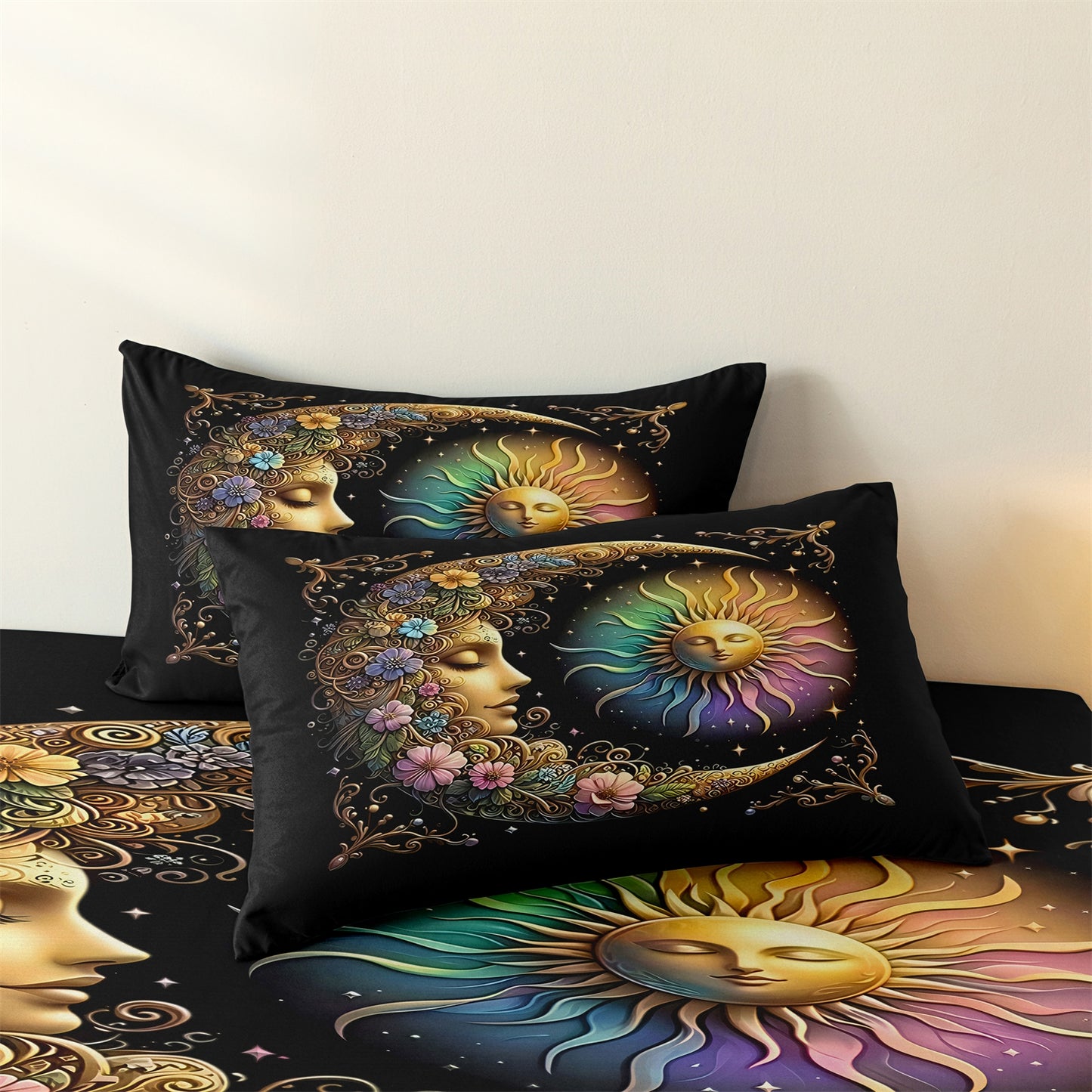 3Pcs Boho Sun Moon Duvet Cover Set – Mystical Celestial Floral Bedding Set