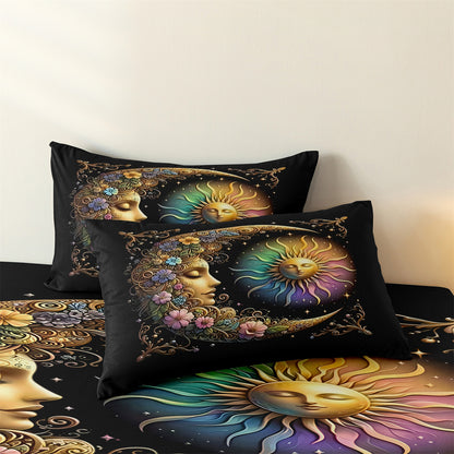 3Pcs Boho Sun Moon Duvet Cover Set – Mystical Celestial Floral Bedding Set